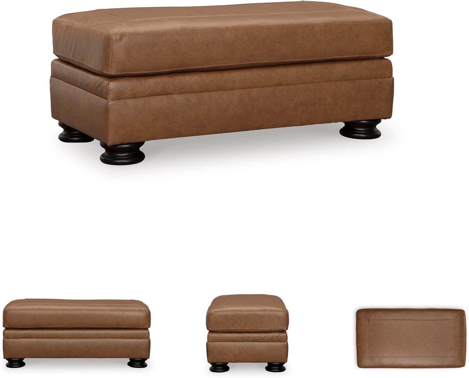 imageSignature Design by Ashley Carianna Traditional Firmly Cushioned Leather Rectangular Ottoman with Decorative Turn Legs Brown