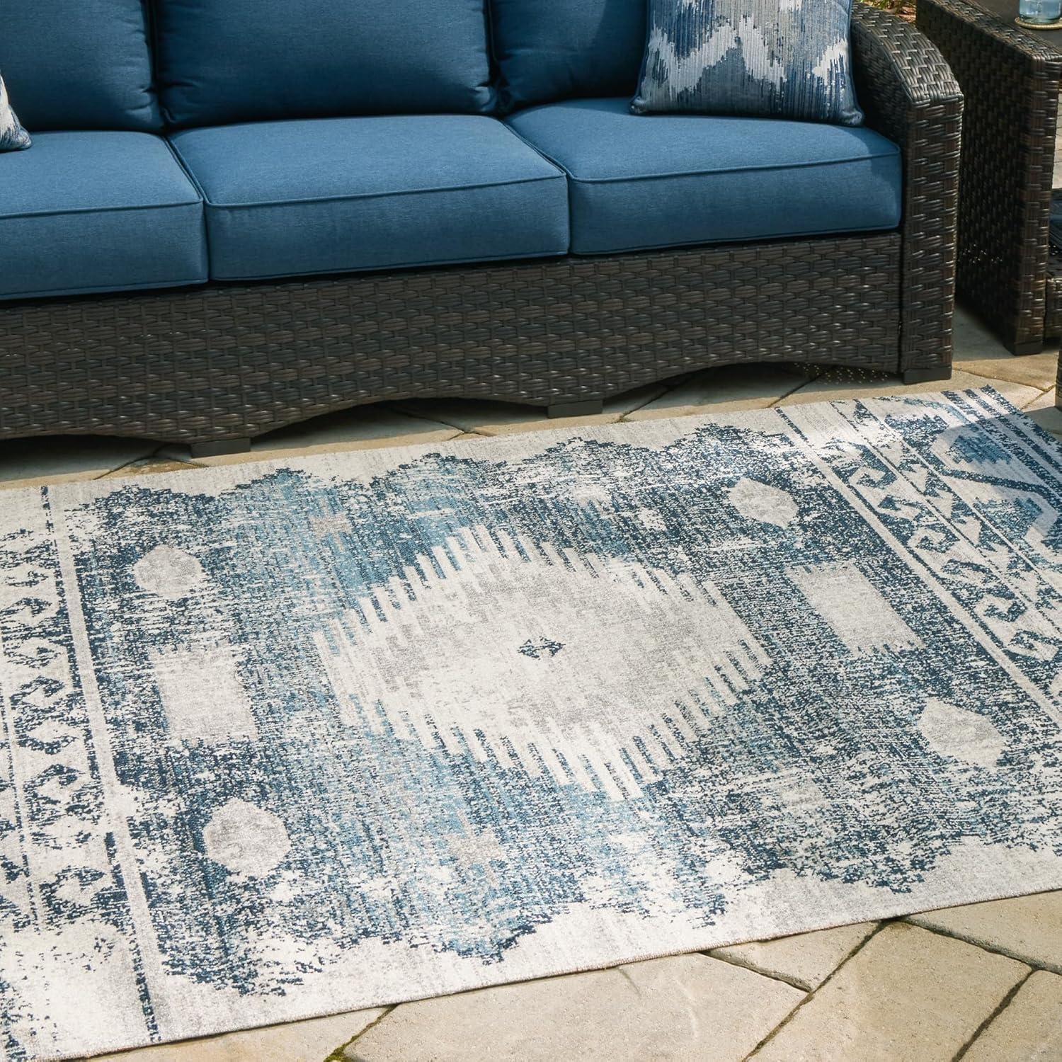imageSignature Design by Ashley Daddridge Classic IndoorOutdoor Medallion 5 x 7 Rug with Non Slip Backing Blue amp Light Gray