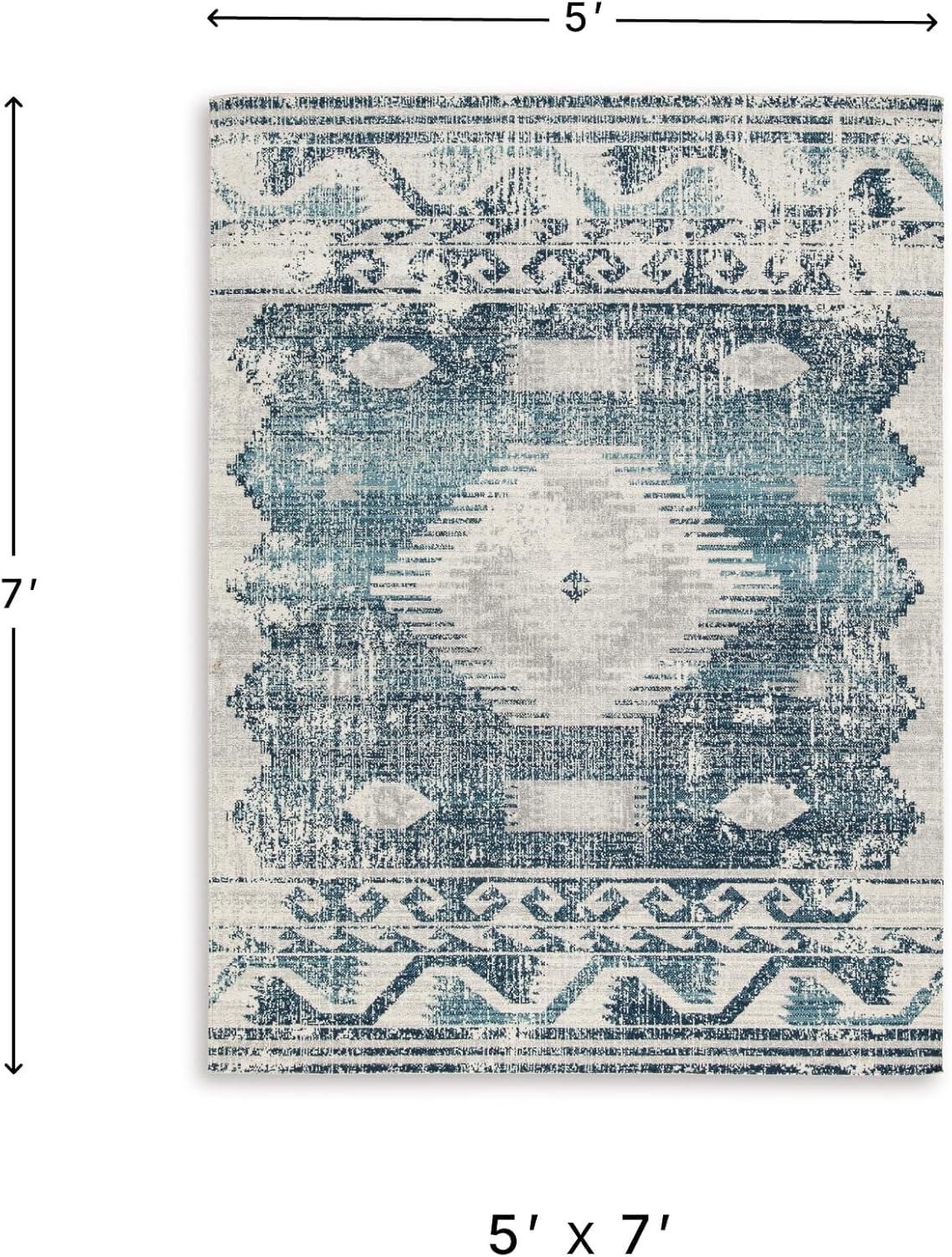 imageSignature Design by Ashley Daddridge Classic IndoorOutdoor Medallion 5 x 7 Rug with Non Slip Backing Blue amp Light Gray