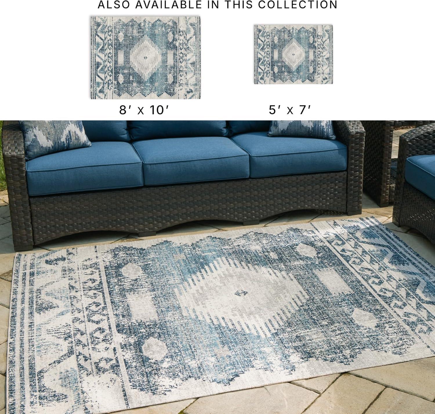 imageSignature Design by Ashley Daddridge Classic IndoorOutdoor Medallion 8 x 10 Rug with Non Slip Backing Blue amp Light Gray