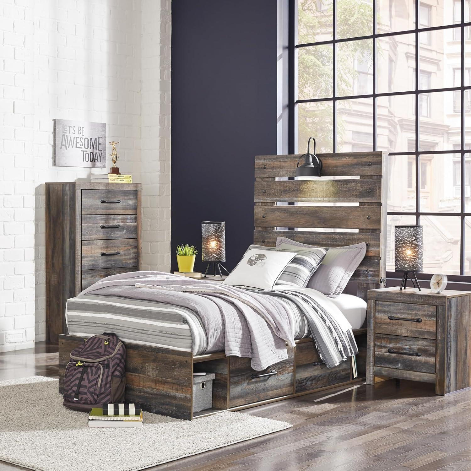 imageSignature Design by Ashley Drystan Rustic Queen Bookcase Bed with 4 Storage Drawers Open Cubbies and LED Light Foundation or Box Spring Not Needed Dark Brown amp GrayTwin