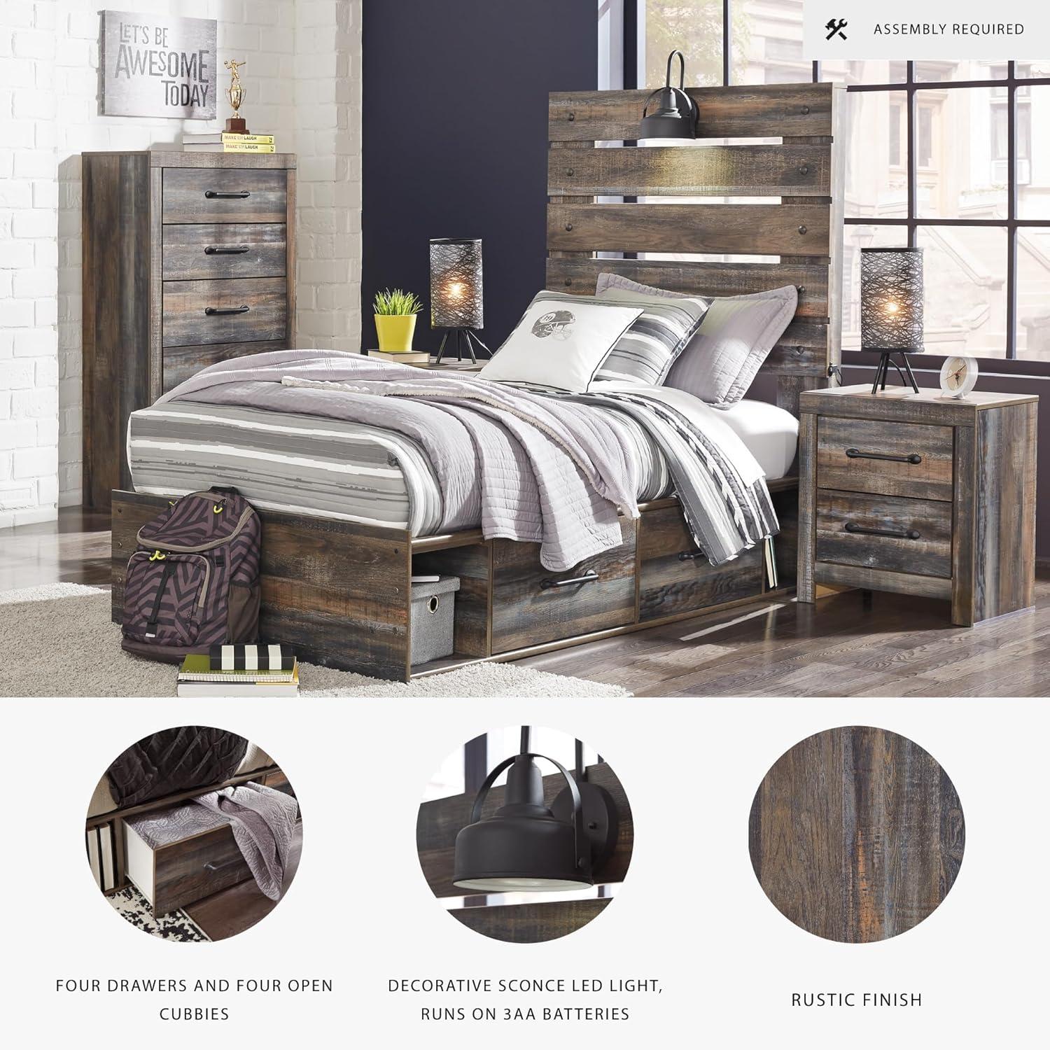 imageSignature Design by Ashley Drystan Rustic Queen Bookcase Bed with 4 Storage Drawers Open Cubbies and LED Light Foundation or Box Spring Not Needed Dark Brown amp GrayTwin