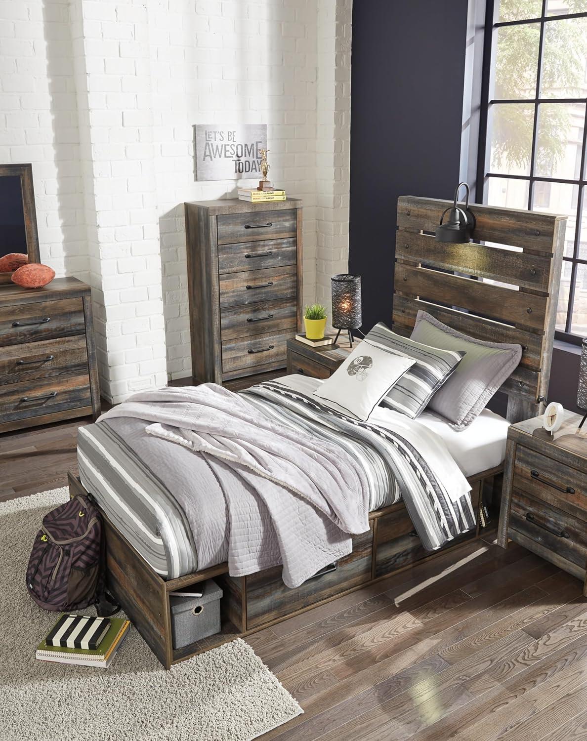 imageSignature Design by Ashley Drystan Rustic Queen Bookcase Bed with 4 Storage Drawers Open Cubbies and LED Light Foundation or Box Spring Not Needed Dark Brown amp GrayTwin