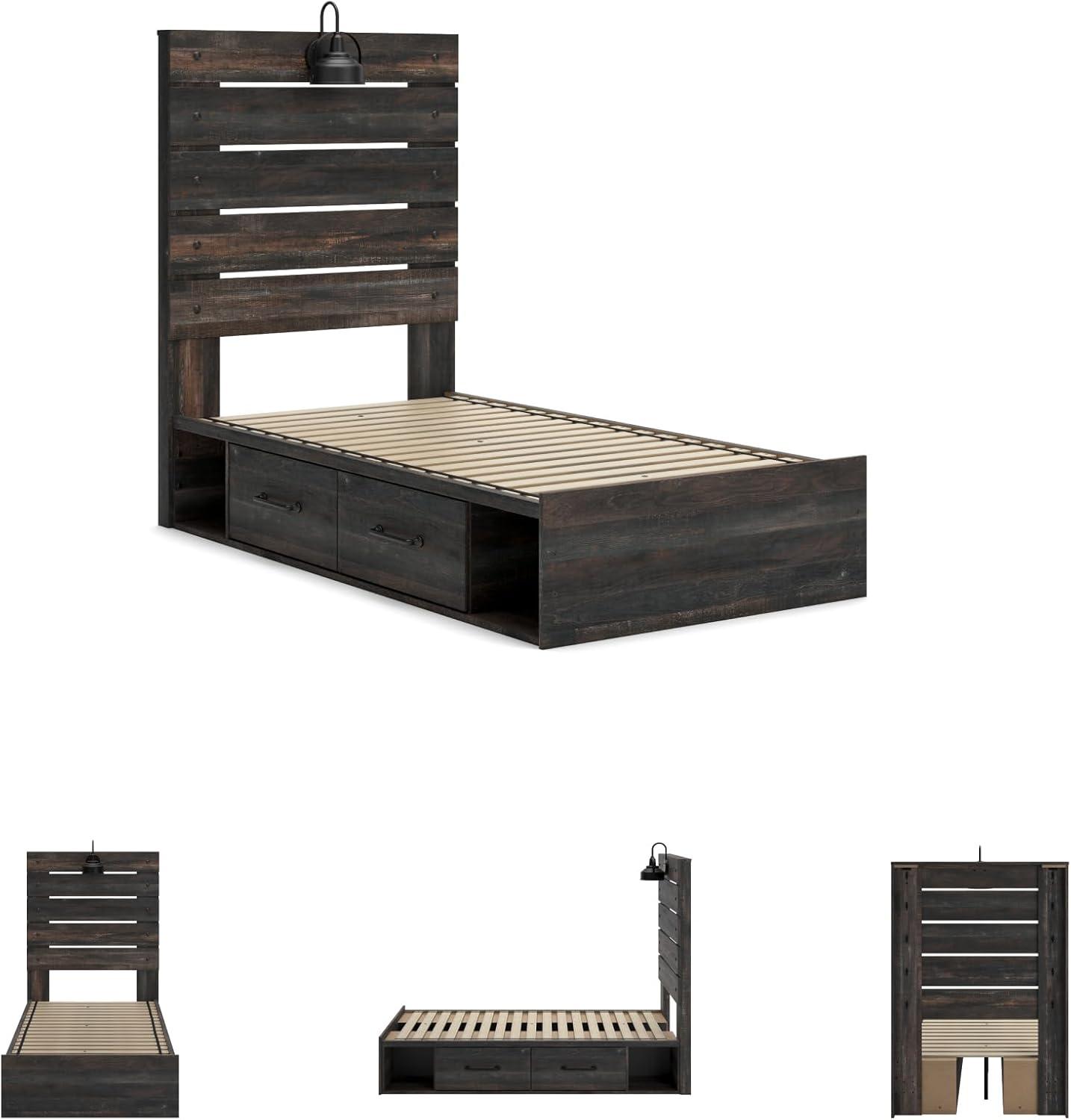 imageSignature Design by Ashley Drystan Rustic Queen Bookcase Bed with 4 Storage Drawers Open Cubbies and LED Light Foundation or Box Spring Not Needed Dark Brown amp GrayTwin