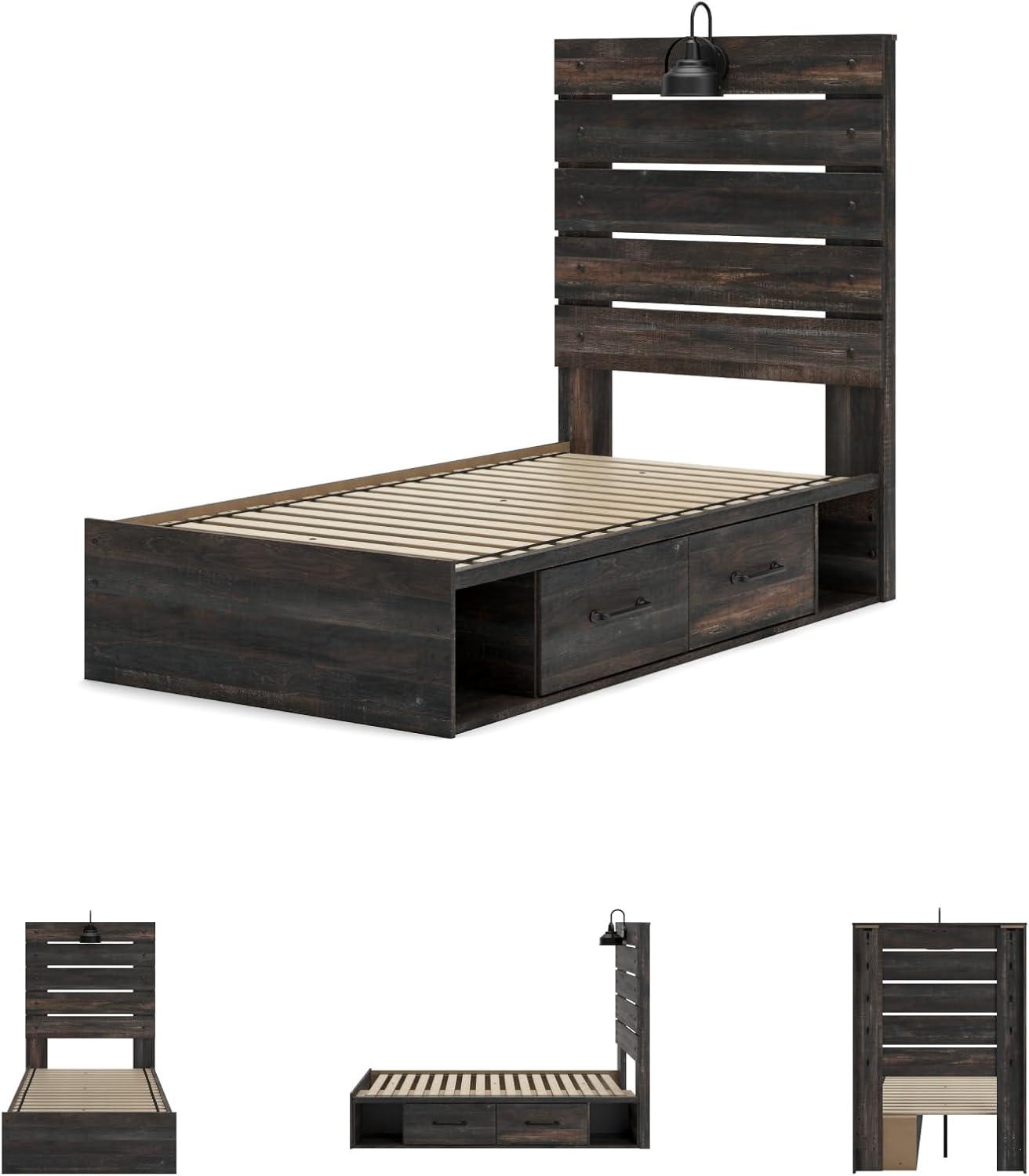imageSignature Design by Ashley Drystan Rustic Queen Bookcase Bed with 4 Storage Drawers Open Cubbies and LED Light Foundation or Box Spring Not Needed Dark Brown amp GrayTwin