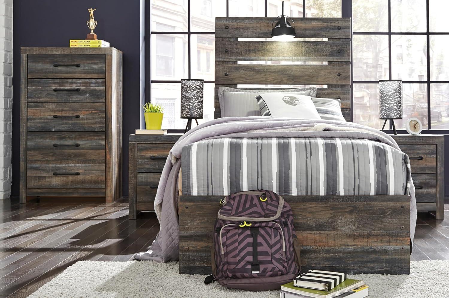 imageSignature Design by Ashley Drystan Rustic Queen Bookcase Bed with 4 Storage Drawers Open Cubbies and LED Light Foundation or Box Spring Not Needed Dark Brown amp GrayTwin