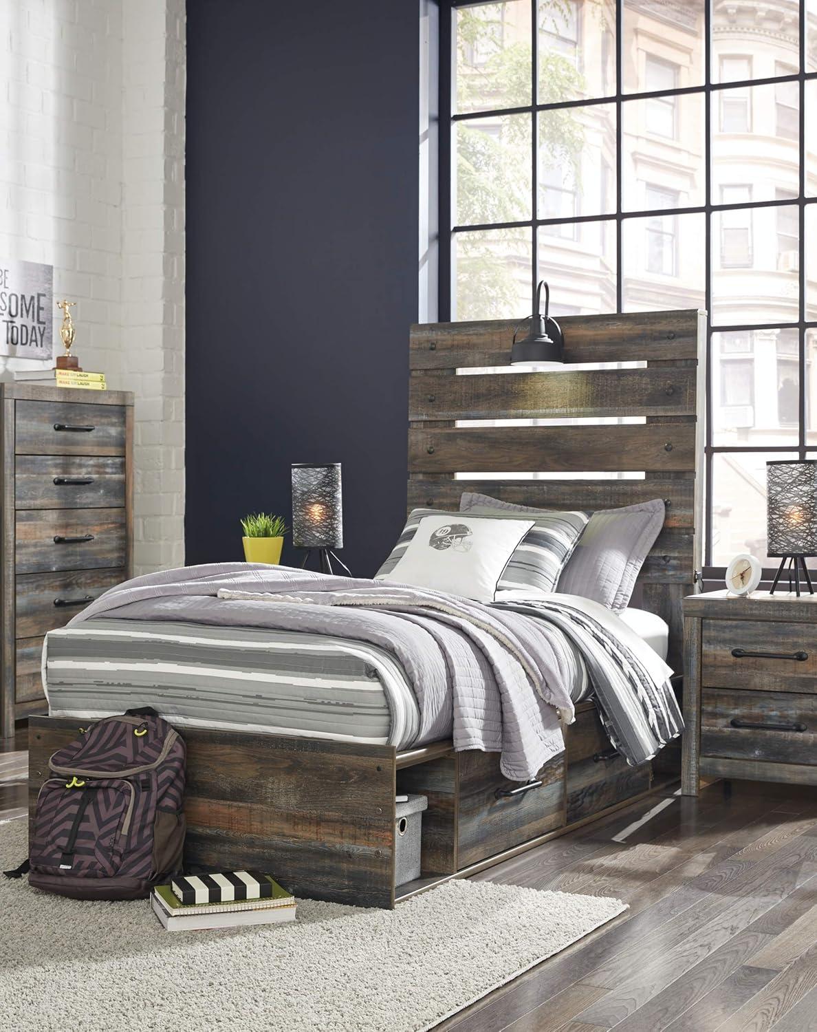 imageSignature Design by Ashley Drystan Rustic Queen Bookcase Bed with 4 Storage Drawers Open Cubbies and LED Light Foundation or Box Spring Not Needed Dark Brown amp GrayTwin