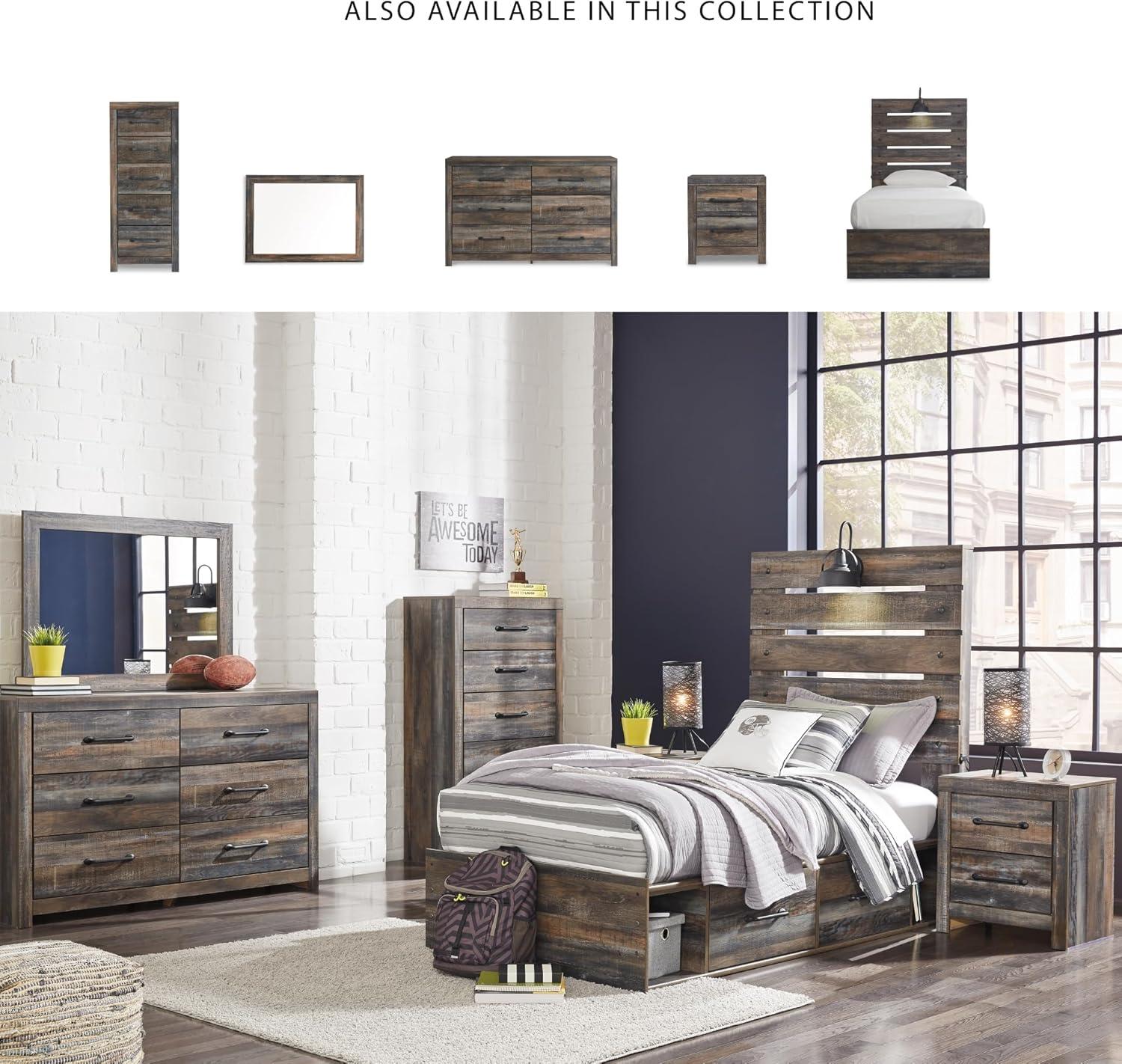 imageSignature Design by Ashley Drystan Rustic Queen Bookcase Bed with 4 Storage Drawers Open Cubbies and LED Light Foundation or Box Spring Not Needed Dark Brown amp GrayTwin