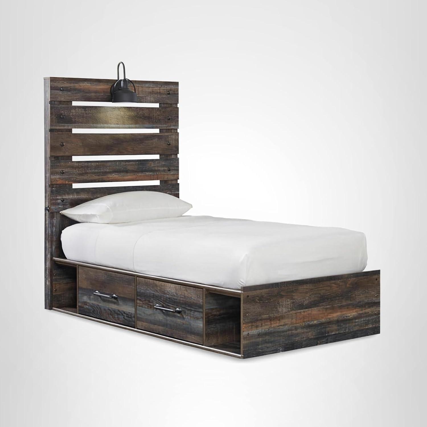imageSignature Design by Ashley Drystan Rustic Queen Bookcase Bed with 4 Storage Drawers Open Cubbies and LED Light Foundation or Box Spring Not Needed Dark Brown amp GrayTwin