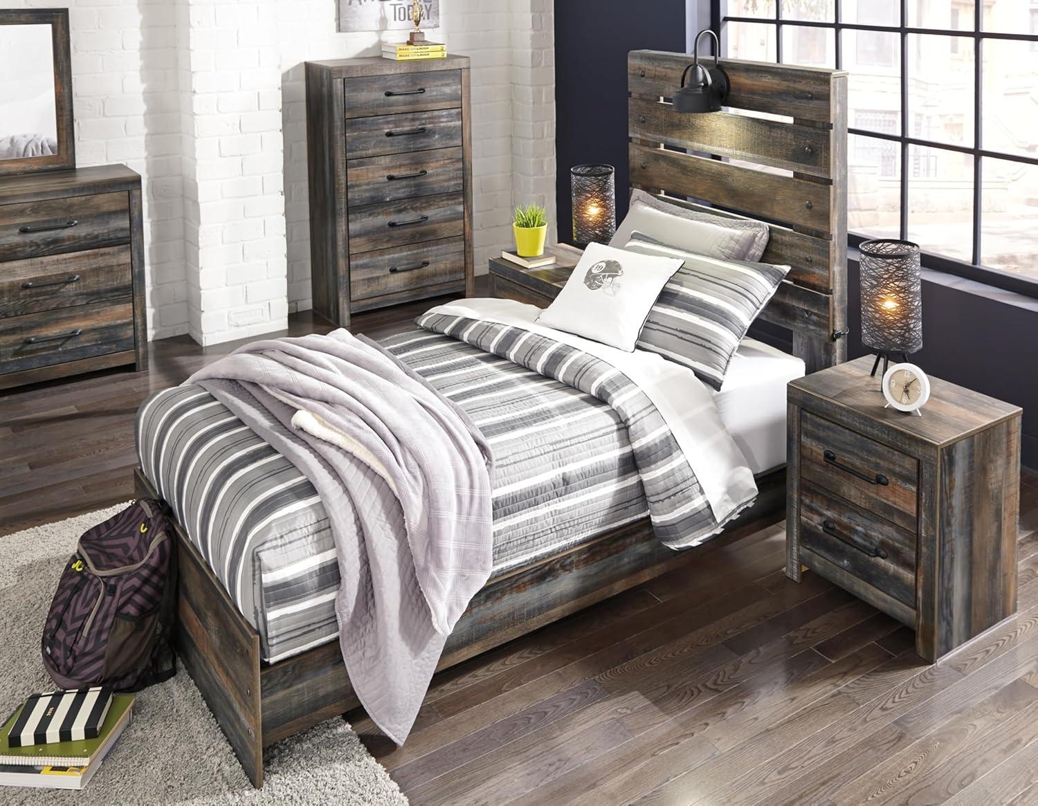 imageSignature Design by Ashley Drystan Rustic Queen Bookcase Bed with 4 Storage Drawers Open Cubbies and LED Light Foundation or Box Spring Not Needed Dark Brown amp GrayTwin