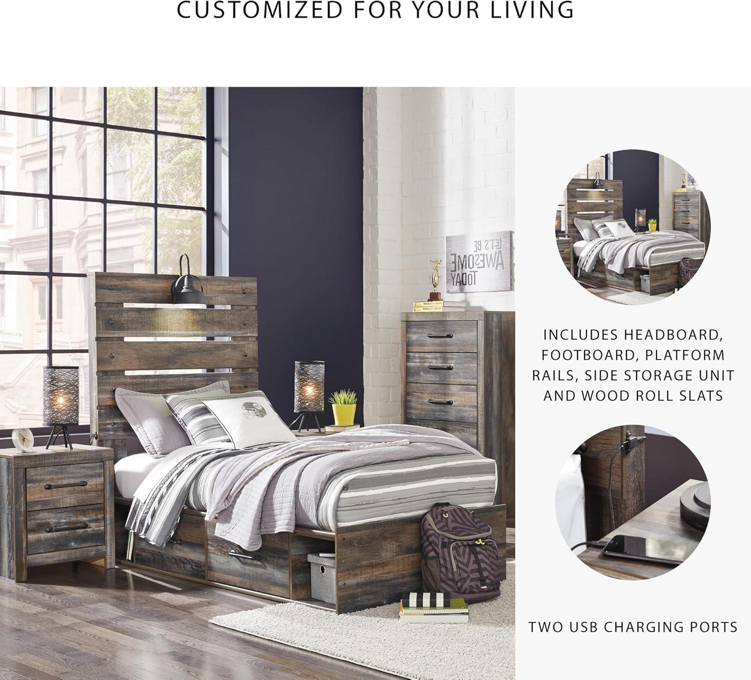 imageSignature Design by Ashley Drystan Rustic Queen Bookcase Bed with 4 Storage Drawers Open Cubbies and LED Light Foundation or Box Spring Not Needed Dark Brown amp GrayTwin
