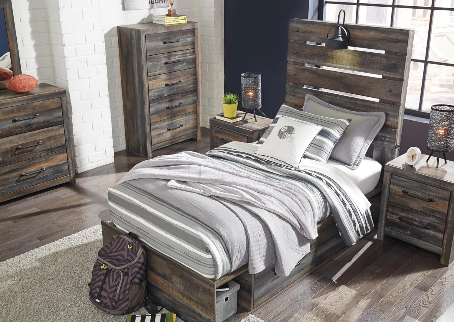 imageSignature Design by Ashley Drystan Rustic Queen Bookcase Bed with 4 Storage Drawers Open Cubbies and LED Light Foundation or Box Spring Not Needed Dark Brown amp GrayTwin
