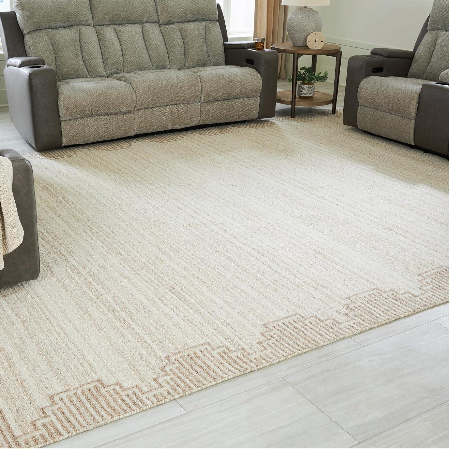 imageSignature Design by Ashley Emorymore Casual Indoor Striped Wool 10 x 14 Rug Light Brown amp Beige10 x 14 Rectangular
