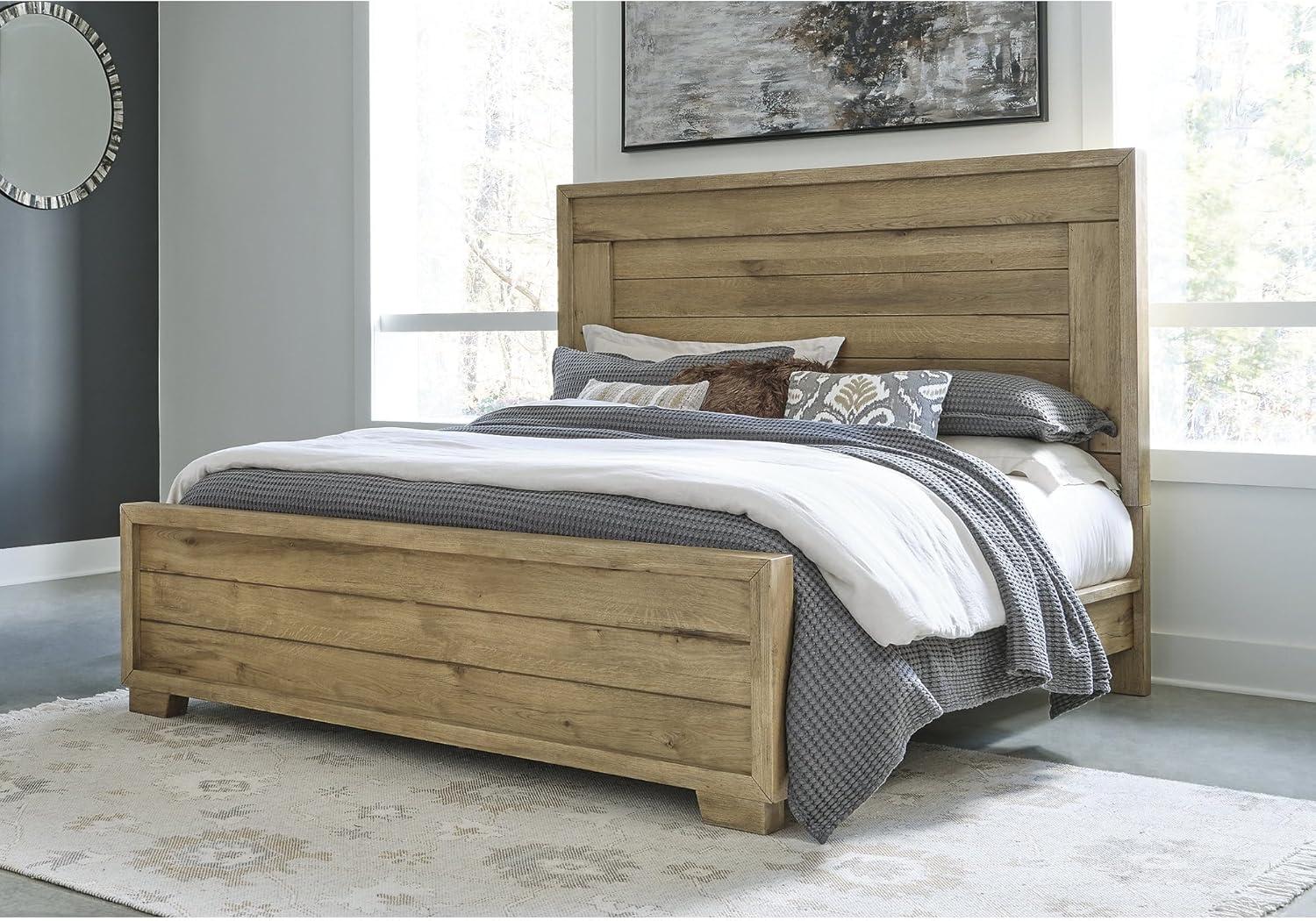 imageSignature Design by Ashley Galliden Farmhouse King Panel Bed Foundation or Box Spring Needed Light BrownKing Panel Bed