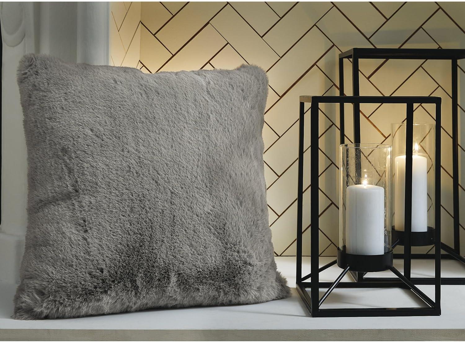 imageSignature Design by Ashley Gariland Modern Square Faux Rabbit Fur Accent Pillow 20 x 20 Inches WhiteGray