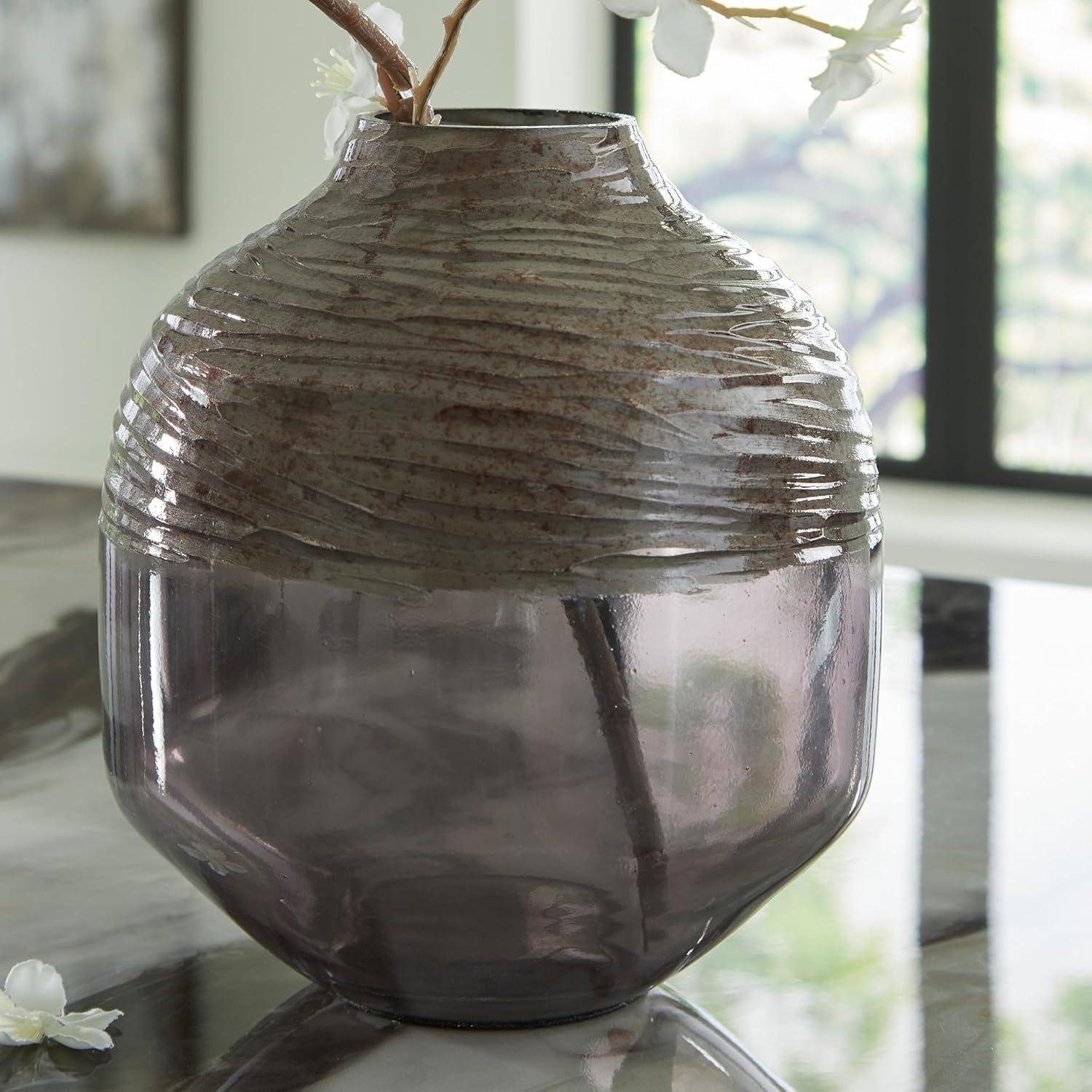 imageSignature Design by Ashley Harpwick Modern Indoor Glass Vase with HandCarved Top GraySmall