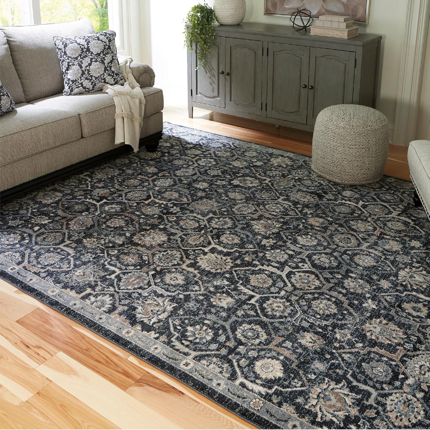 imageSignature Design by Ashley Hilcott Traditional Artful Floral Design Machine Woven 7 x 10 ft Large Rug High Pile Blue Cream amp Brown710 x 109 Rectangular