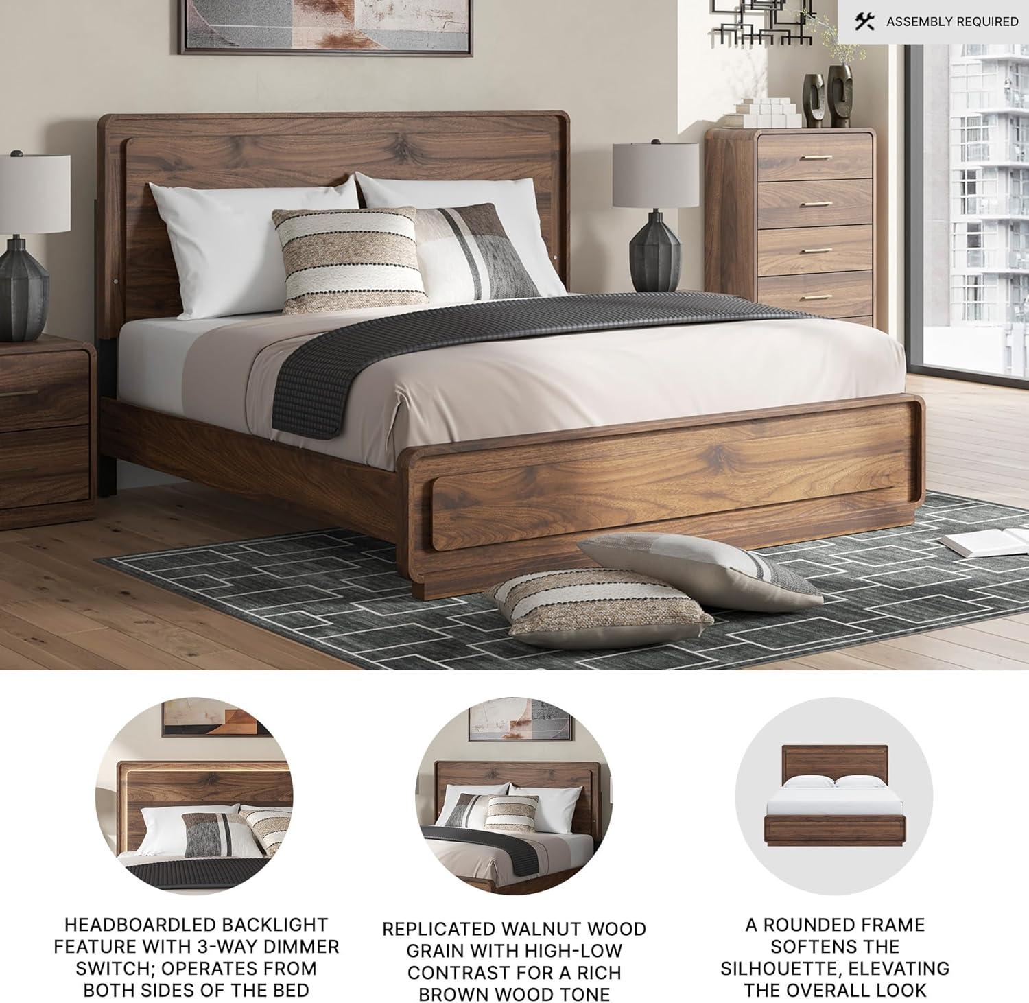 imageSignature Design by Ashley Hollinaze Contemporary Panel Platform Bed with LED Lighting Foundation or Box Spring Not Needed Queen Dark BrownKing Panel Bed