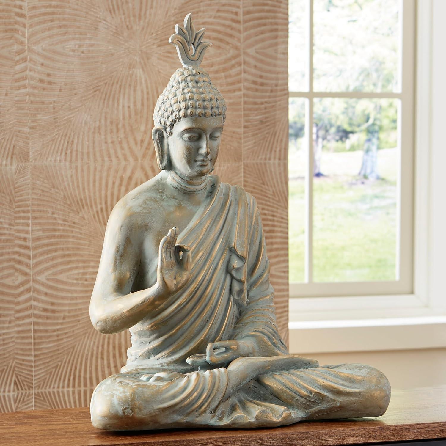 imageSignature Design by Ashley Hosgrove Cultural Tabletop Paper Composite Sitting Buddha Sculpture Metallic amp Green