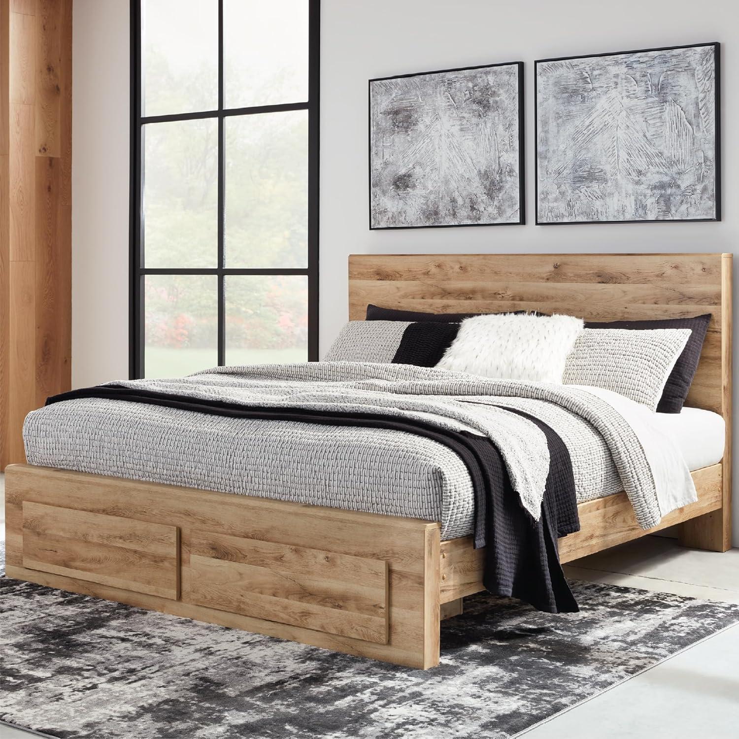 imageSignature Design by Ashley Hyanna Rustic King Platform Bed with 2 Side Storage Drawer Foundation or Box Spring Not Needed Light BrownKing