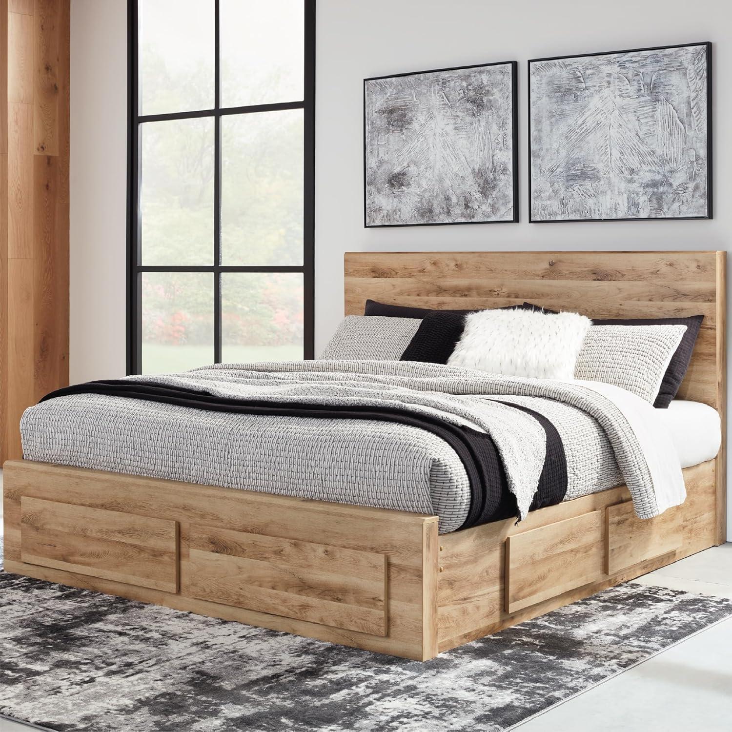imageSignature Design by Ashley Hyanna Rustic King Platform Bed with 2 Side Storage Drawer Foundation or Box Spring Not Needed Light BrownQueen