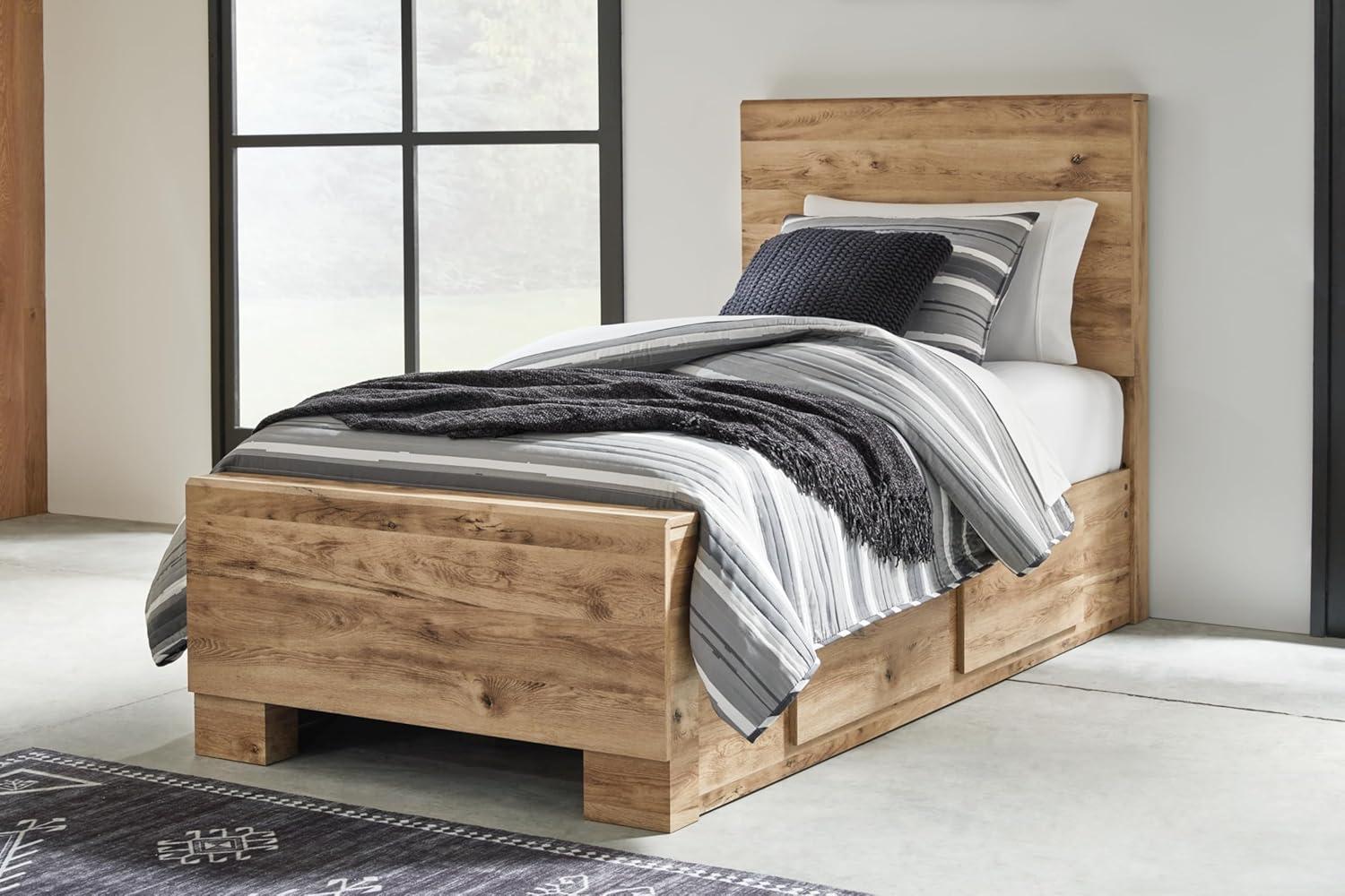 imageSignature Design by Ashley Hyanna Rustic King Platform Bed with 2 Side Storage Drawer Foundation or Box Spring Not Needed Light BrownTwin
