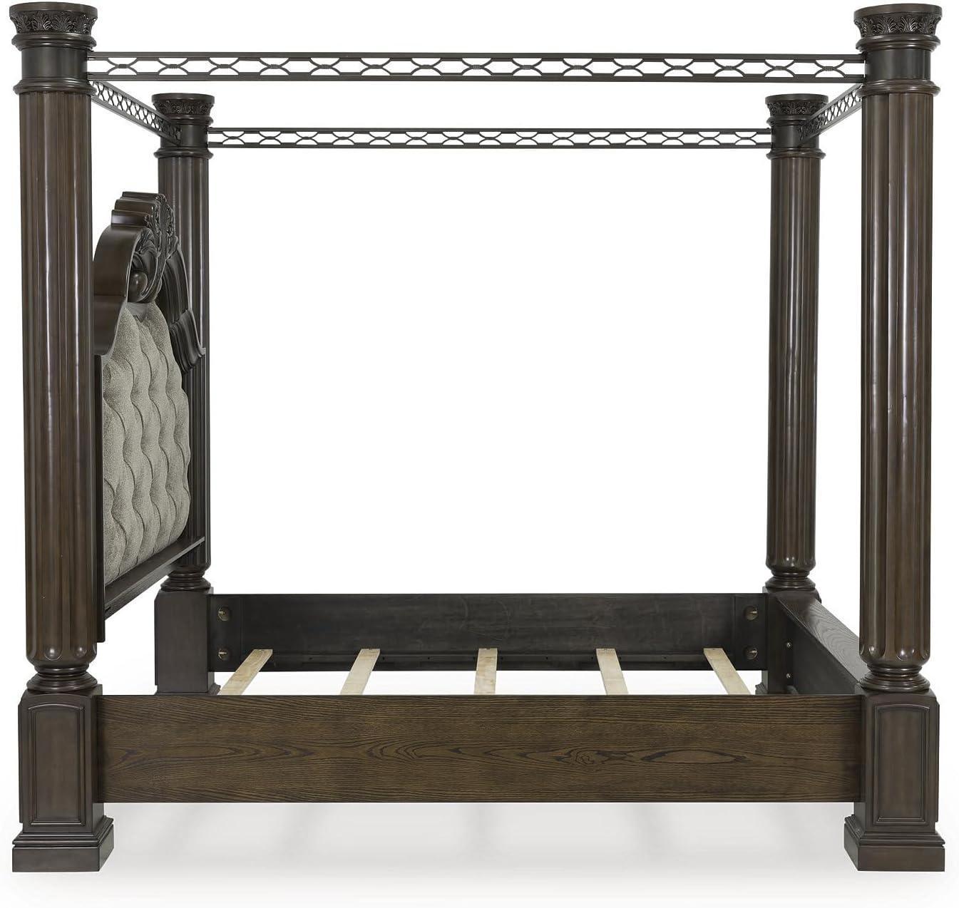 imageSignature Design by Ashley Maylee Classic Upholstered Tufted King Canopy Bed Foundation or Box Spring Needed Dark Brown