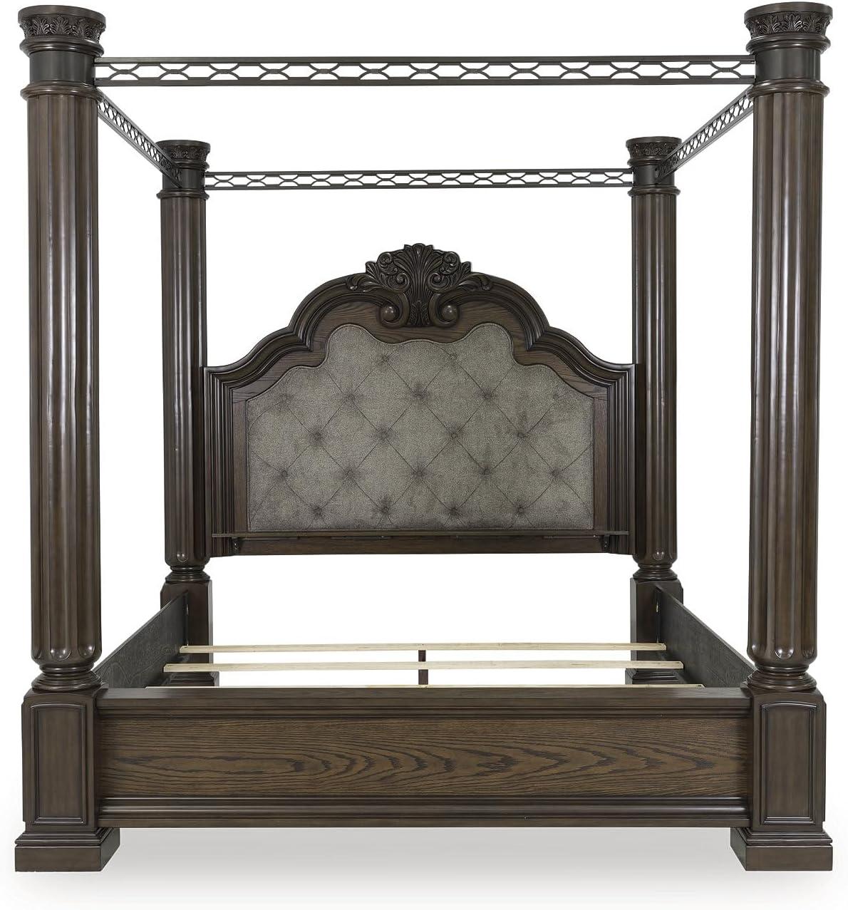 imageSignature Design by Ashley Maylee Classic Upholstered Tufted King Canopy Bed Foundation or Box Spring Needed Dark Brown