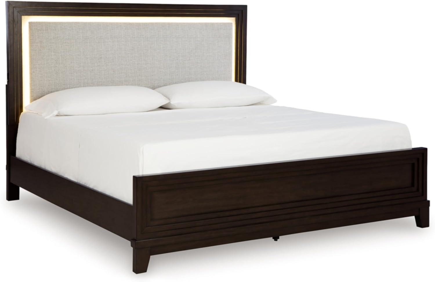 imageSignature Design by Ashley Neymorton Modern California King Upholstered Panel Bed Foundation or Box Spring Needed Dark BrownQueen