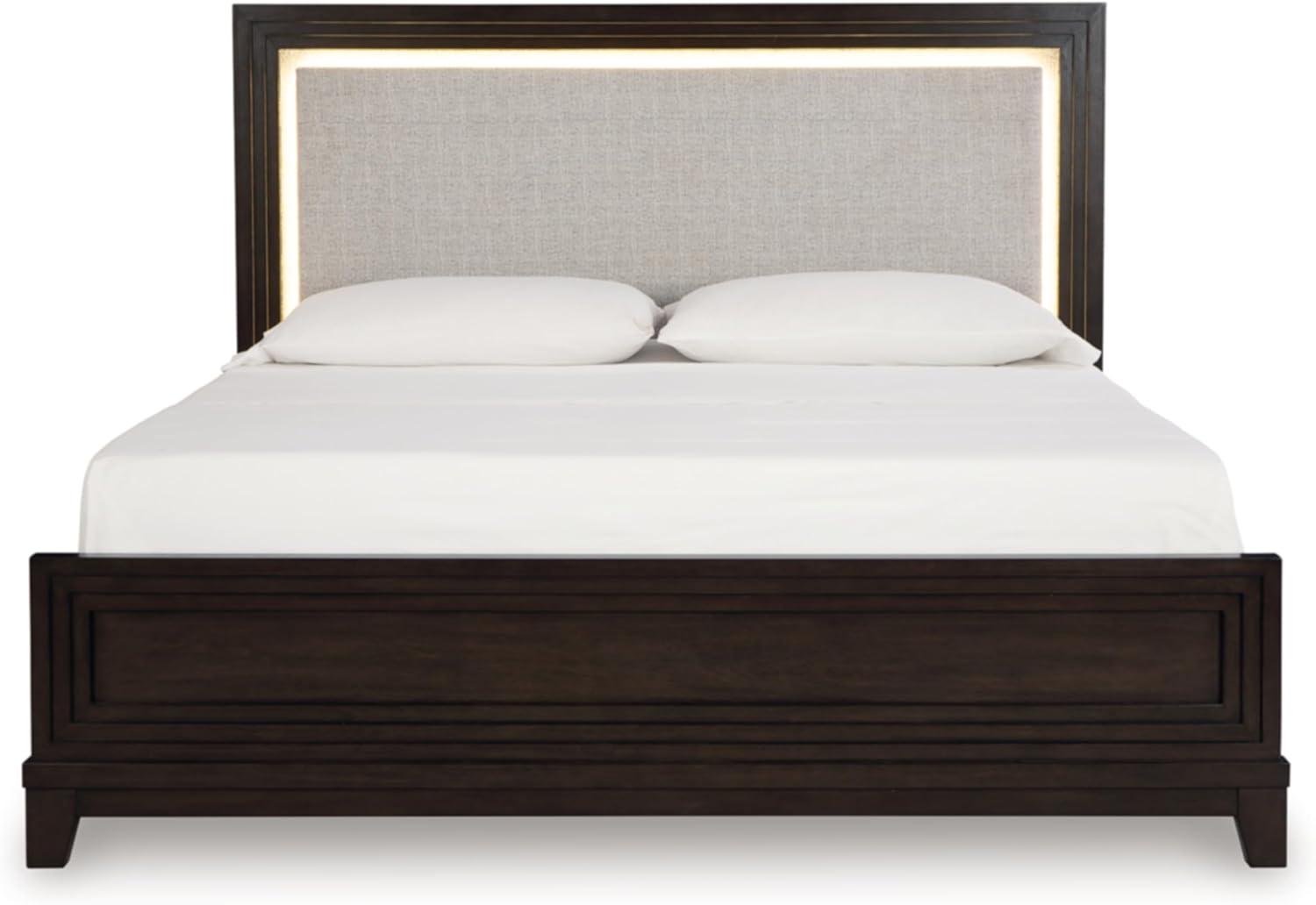 imageSignature Design by Ashley Neymorton Modern California King Upholstered Panel Bed Foundation or Box Spring Needed Dark BrownQueen