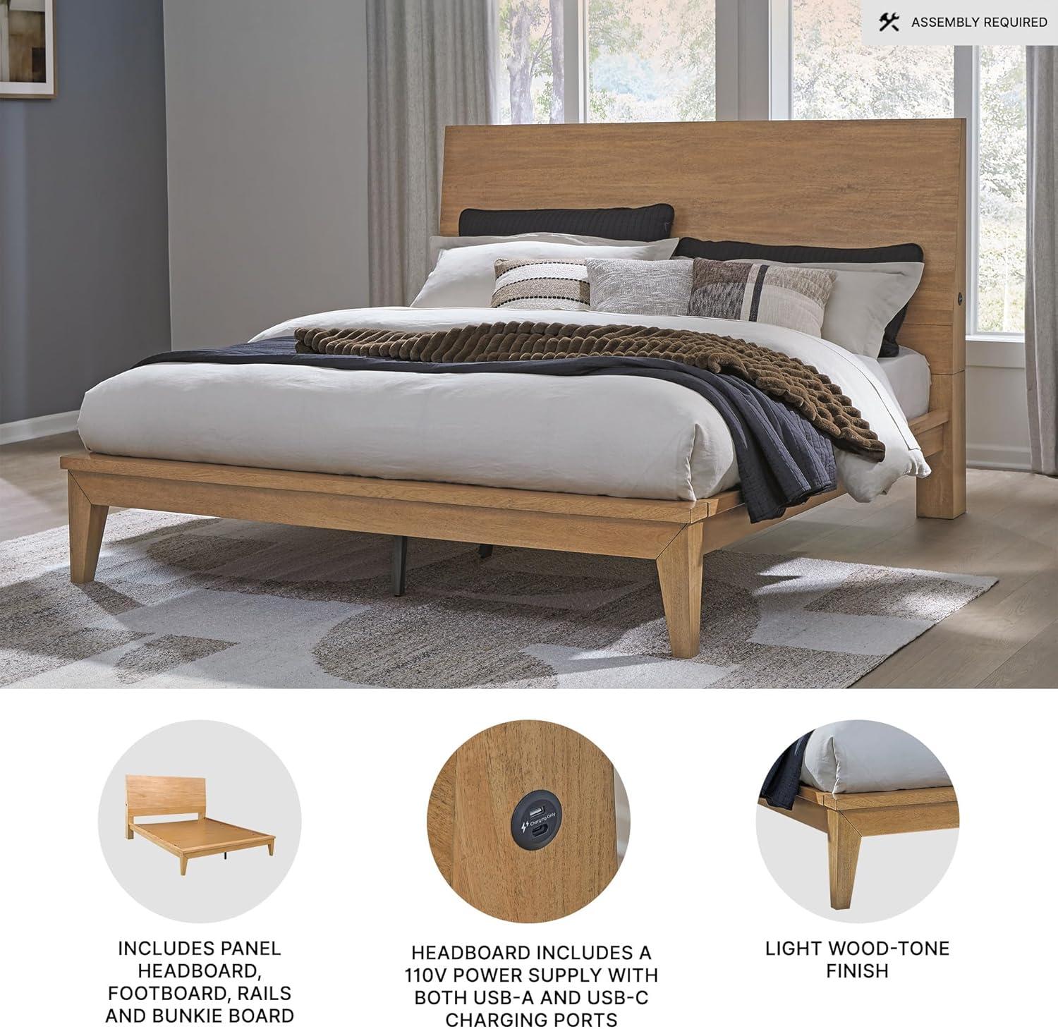 imageSignature Design by Ashley Sherbana Scandinavian Queen Panel Platform Bed with Bunkie Board and USB Charging Ports Foundation or Box Spring Not Needed Light BrownCalifornia King Panel Bed