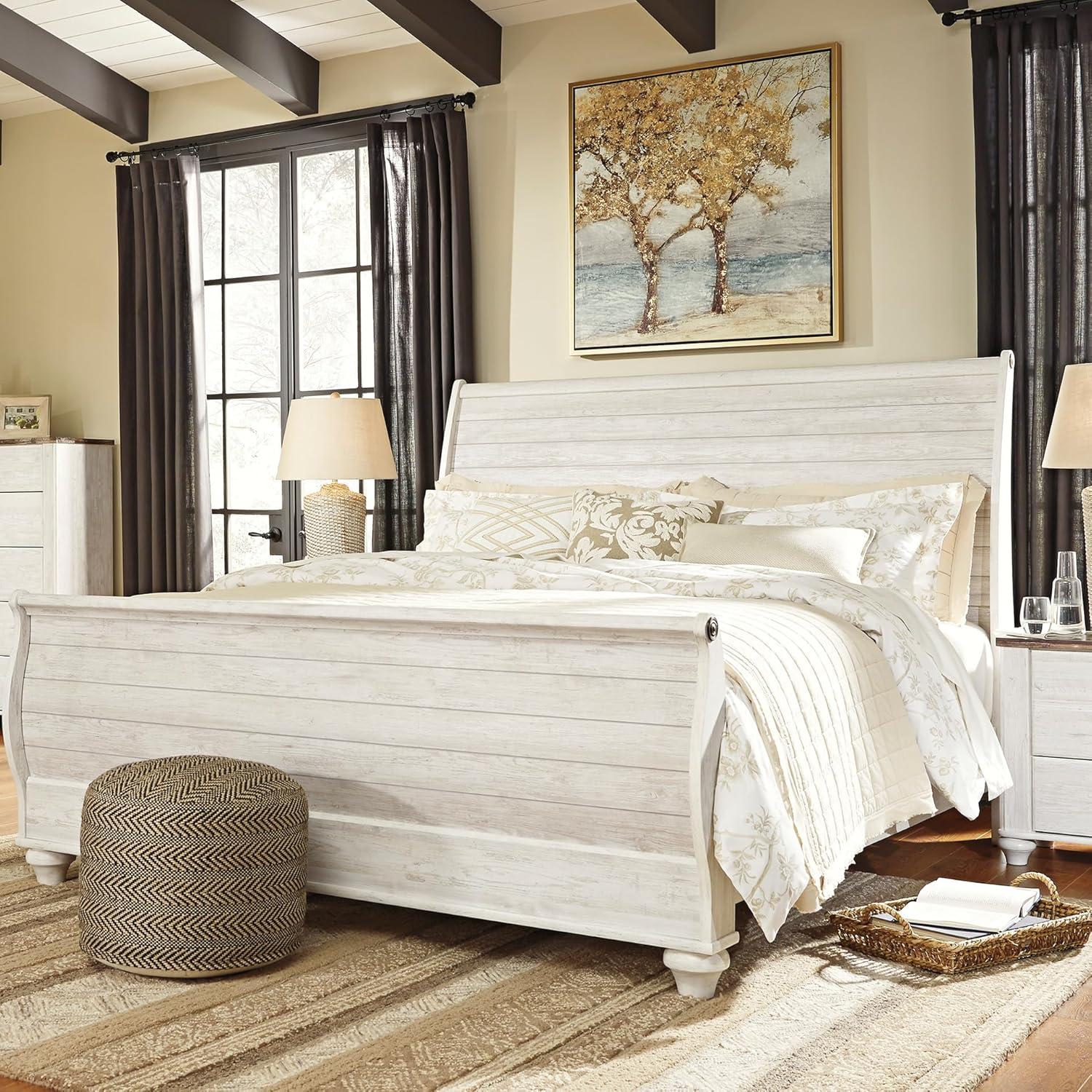 imageSignature Design by Ashley Willowton Coastal Sleigh Bed Foundation or Box Spring Needed King BeigeWhitewash