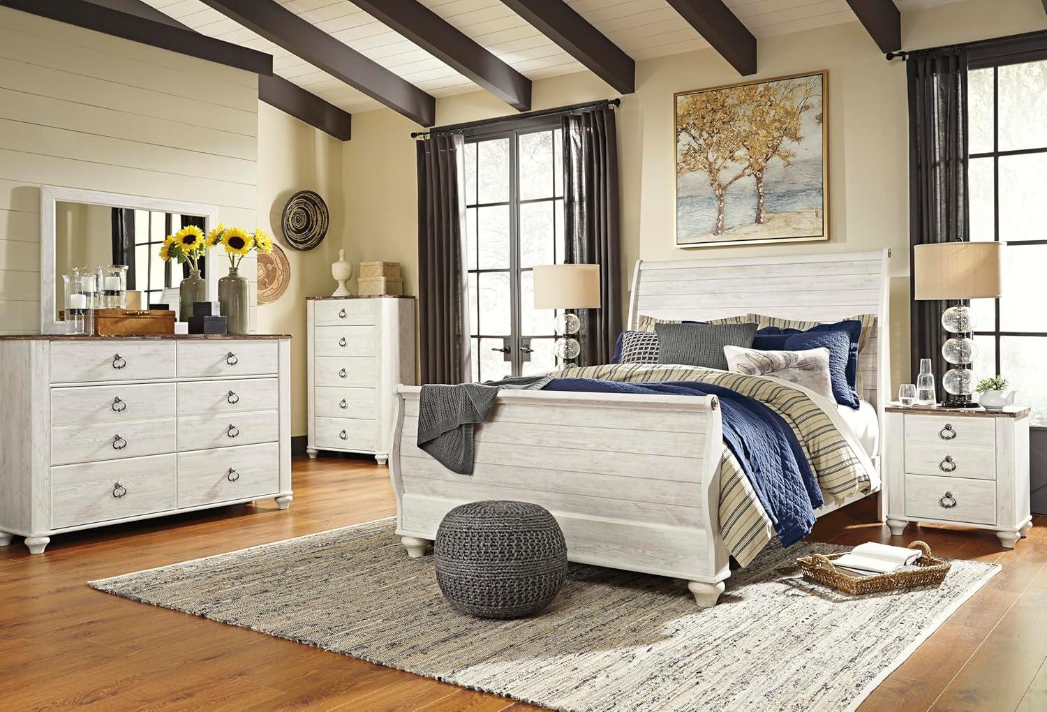 imageSignature Design by Ashley Willowton Coastal Sleigh Bed Foundation or Box Spring Needed King BeigeWhitewash