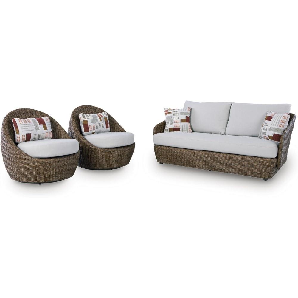 imageSignature Design by Ashley Cardiff Beach Coastal Weather Resistant Outdoor Loveseat and 2 Swivel Chairs with 4 Accent Pillows Set of 3 White amp Dark Brown