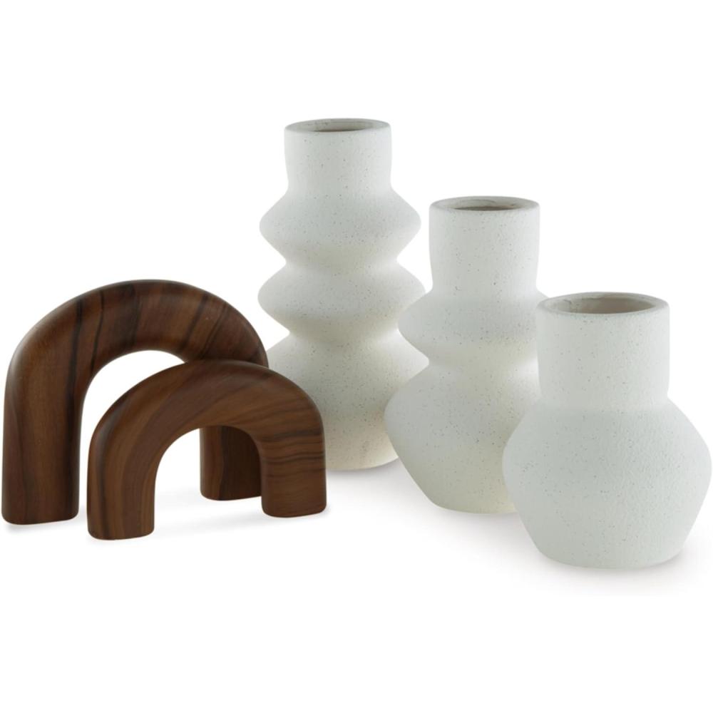 imageSignature Design by Ashley Carterworth Minimalist Indoor Ceramic Vase and Sculpture Accessory Set with Wide Mouth Set of 5 White amp Dark Brown