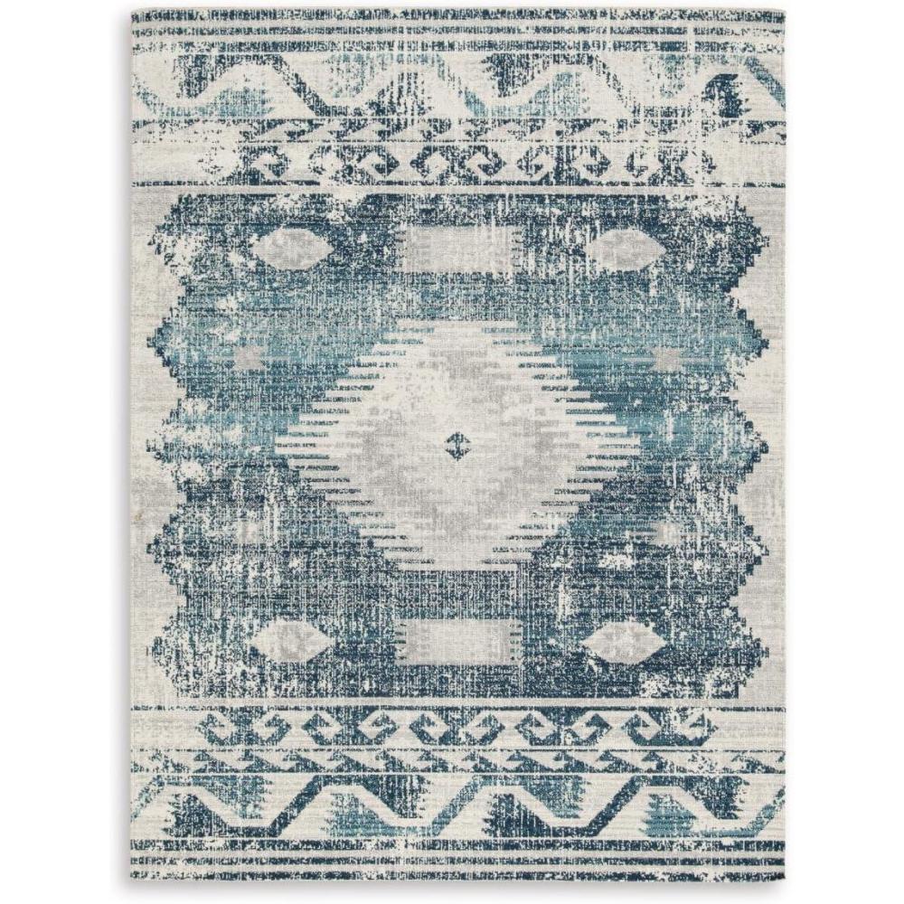 imageSignature Design by Ashley Daddridge Classic IndoorOutdoor Medallion 5 x 7 Rug with Non Slip Backing Blue amp Light Gray