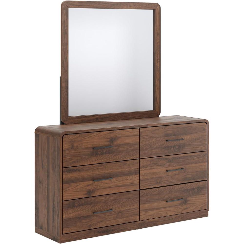 imageSignature Design by Ashley Hollinaze Contemporary Panel Platform Bed with LED Lighting Foundation or Box Spring Not Needed Queen Dark BrownDresser and Mirror