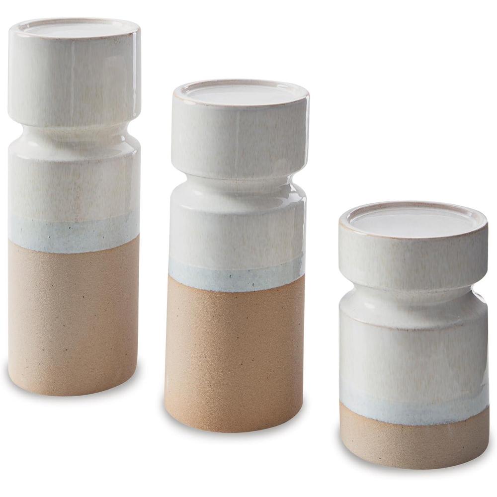 imageSignature Design by Ashley Hurston Casual Glazed Ceramic Candle Holder Set of 3 Beige amp White