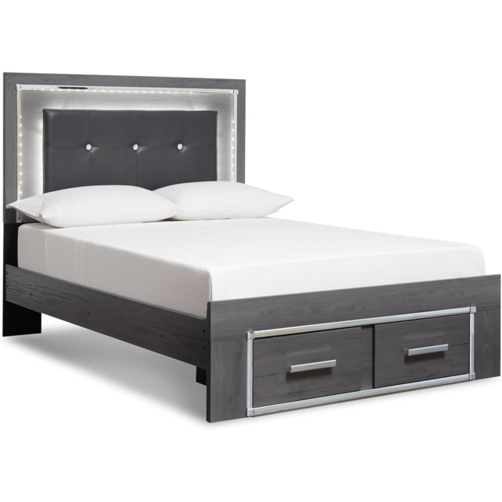 imageSignature Design by Ashley Lodanna Contemporary Tufted Faux Leather Upholstered Queen Panel Platform Bed with 2 Storage Drawers and LED Lights Foundation or Box Spring Not Needed GrayGrey
