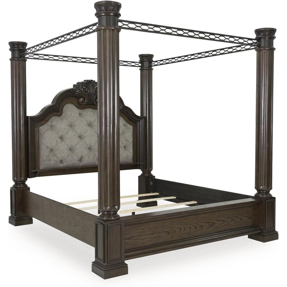 imageSignature Design by Ashley Maylee Classic Upholstered Tufted King Canopy Bed Foundation or Box Spring Needed Dark Brown
