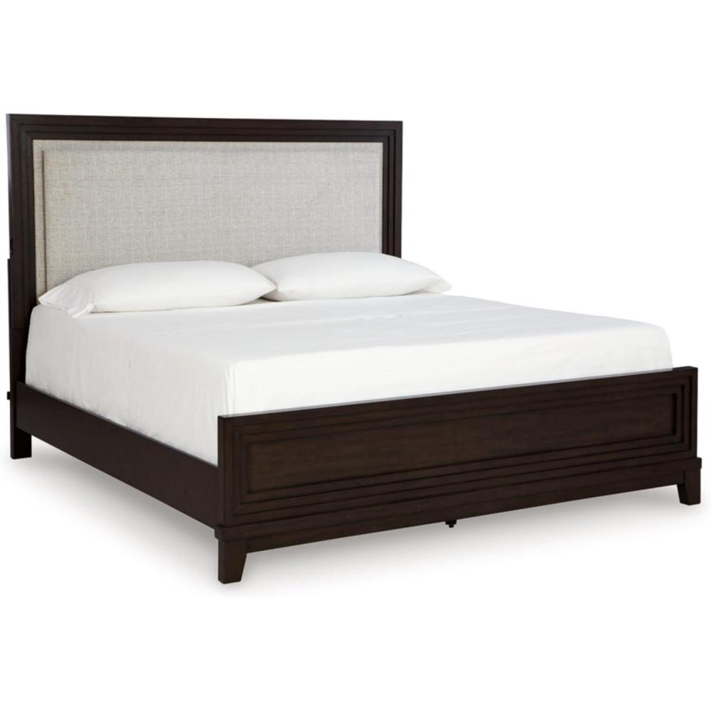 imageSignature Design by Ashley Neymorton Modern California King Upholstered Panel Bed Foundation or Box Spring Needed Dark BrownQueen