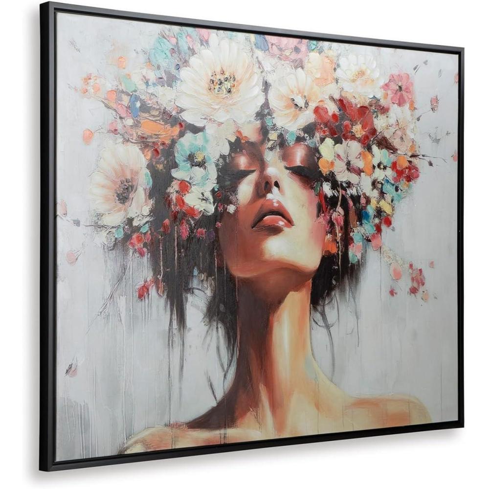 imageSignature Design by Ashley Shadwick Contemporary Floral Woman Portrait Framed Wall Art 50 x 40 Inches White amp Beige