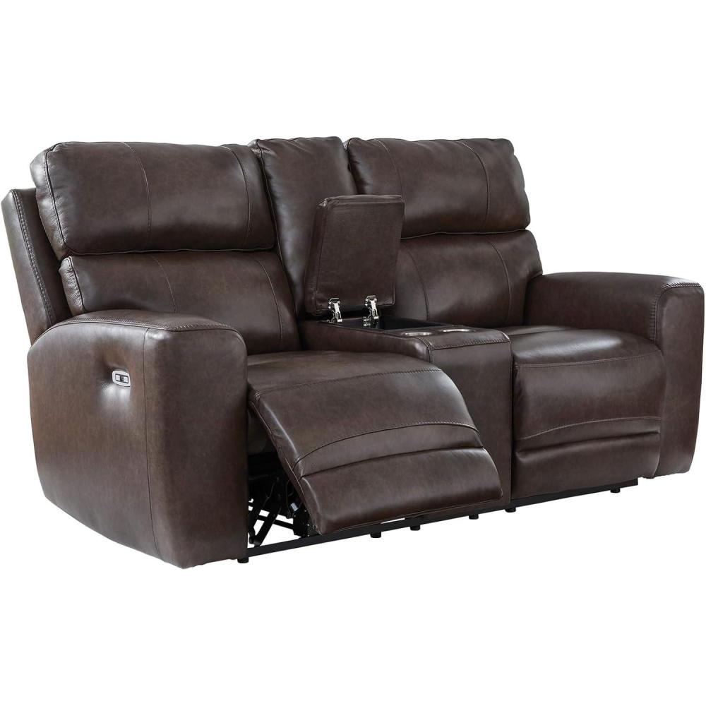 imageSignature Design by Ashley Side Step Modern Leather Match Power Reclining Loveseat with Console Adjustable Headrest USB Ports and 2 Cup Holders Dark Brown