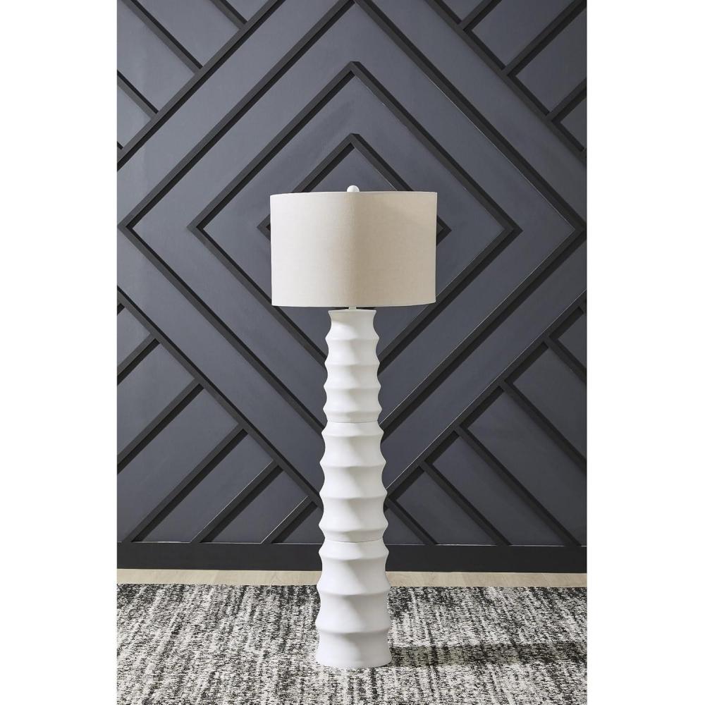 imageSignature Design by Ashley Veraleigh Floor Lamp with 3Way Switch Scalloped Design Drum Hardback Fabric Shade Polyresin 23 W x 23 D x 66 H White