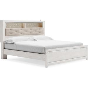 Signature Design by Ashley Altyra Modern King Tufted Panel Bookcase Bed, Foundation or Box Spring Not Needed, White(King Panel Bookcase Bed with Roll Slats)
