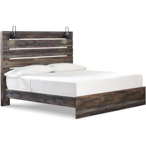 Signature Design by Ashley Drystan Rustic Queen Bookcase Bed with 4 Storage Drawers, Open Cubbies and LED Light, Foundation or Box Spring Not Needed, Dark Brown & Gray(King)