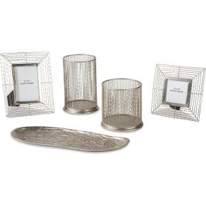 Signature Design by Ashley Dympna 5 Piece Home Décor Set with Tray, Candle Holder & Photo Frames, Silver Finish(Silver)