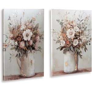 Signature Design by Ashley Faisaldon Farmhouse Hand Painted Flower Wall Art 25 x 36 Inches, Set of 2, Pink & Green