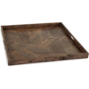 Signature Design by Ashley Heddford Casual Square Geometric Decorative Tray with Handle, Dark Brown