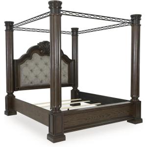 Signature Design by Ashley Maylee Classic Upholstered Tufted King Canopy Bed, Foundation or Box Spring Needed, Dark Brown